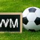 Fussball auf grüner Wiese mit Tafel auf der WM steht